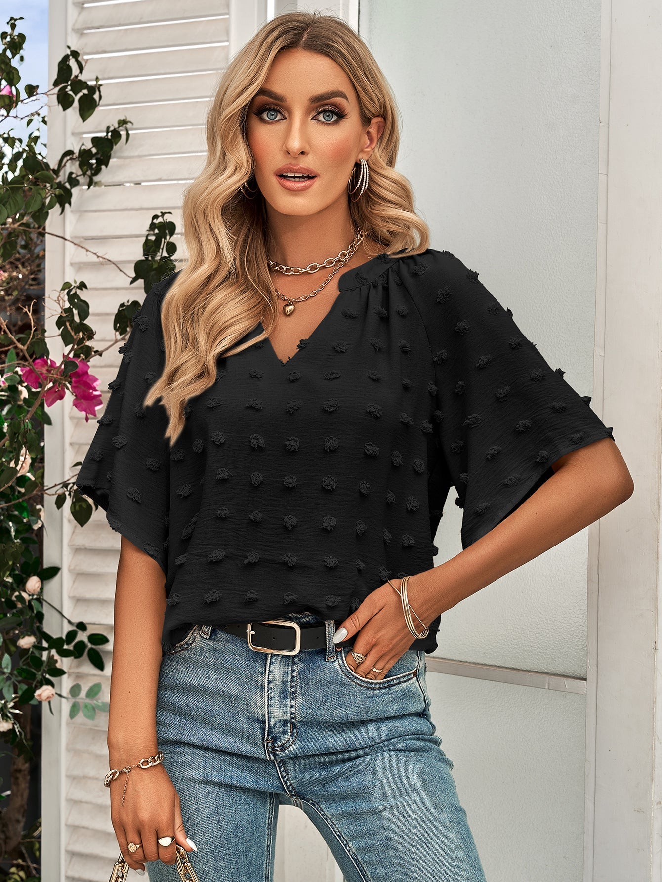 Retro Split V Neck Swiss Dot Half Sleeve Blouse