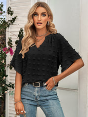 Retro Split V Neck Swiss Dot Half Sleeve Blouse