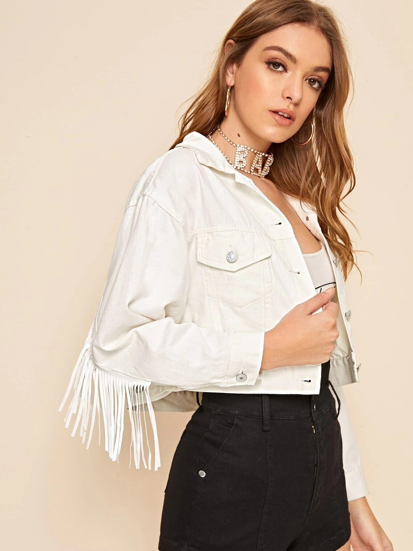 Women's Cowgirl Collared Cropped Denim Fringe Jacket