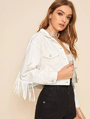 Women's Cowgirl Collared Cropped Denim Fringe Jacket