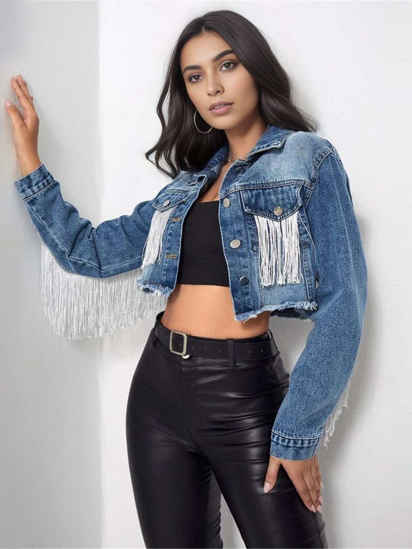 Distressed Ripped Tassel Fringe Hem Cropped Bike Jacket
