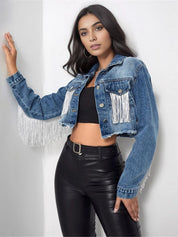 Distressed Ripped Tassel Fringe Hem Cropped Bike Jacket