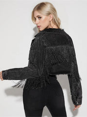 Distressed Ripped Tassel Fringe Hem Cropped Bike Jacket