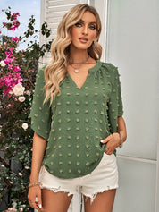 Retro Split V Neck Swiss Dot Half Sleeve Blouse
