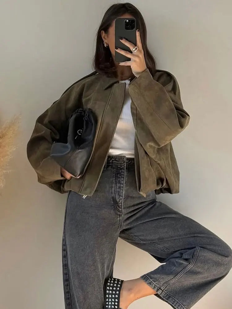 Women's Suede Bomber Jacket in Brown and Green – Casual Vintage Motorcycle Coat with Zipper Closure
