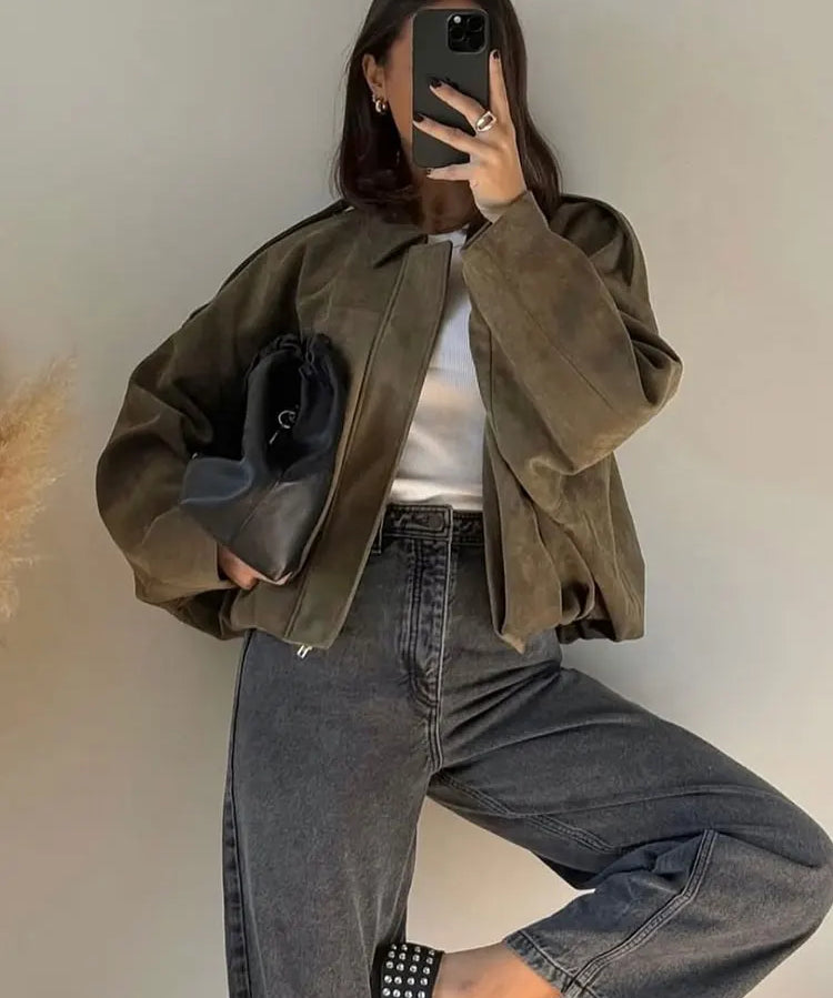 Women_s_Suede_Bomber_Jacket_in_Brown_and_Green__Casual_Vintage_Motorcycle_Coat_with_Zipper_Closure_0.webp