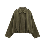 Women's Suede Bomber Jacket in Brown and Green – Casual Vintage Motorcycle Coat with Zipper Closure