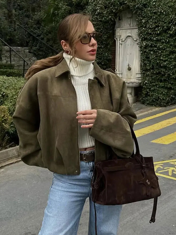 Women's Suede Bomber Jacket in Brown and Green – Casual Vintage Motorcycle Coat with Zipper Closure