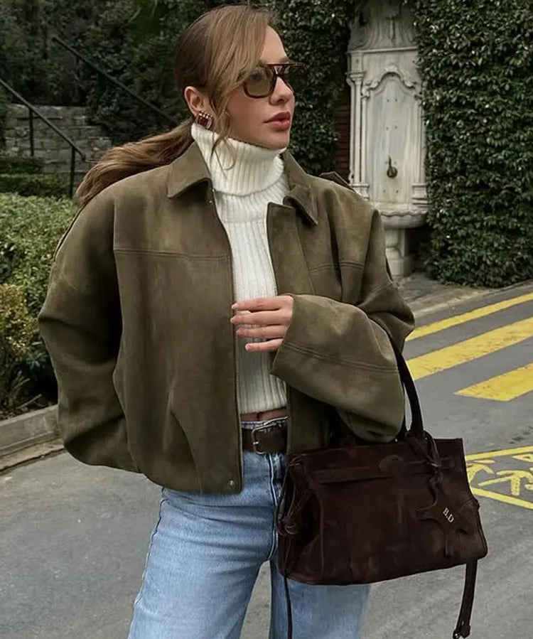 Women_s_Suede_Bomber_Jacket_in_Brown_and_Green__Casual_Vintage_Motorcycle_Coat_with_Zipper_Closure_2.webp