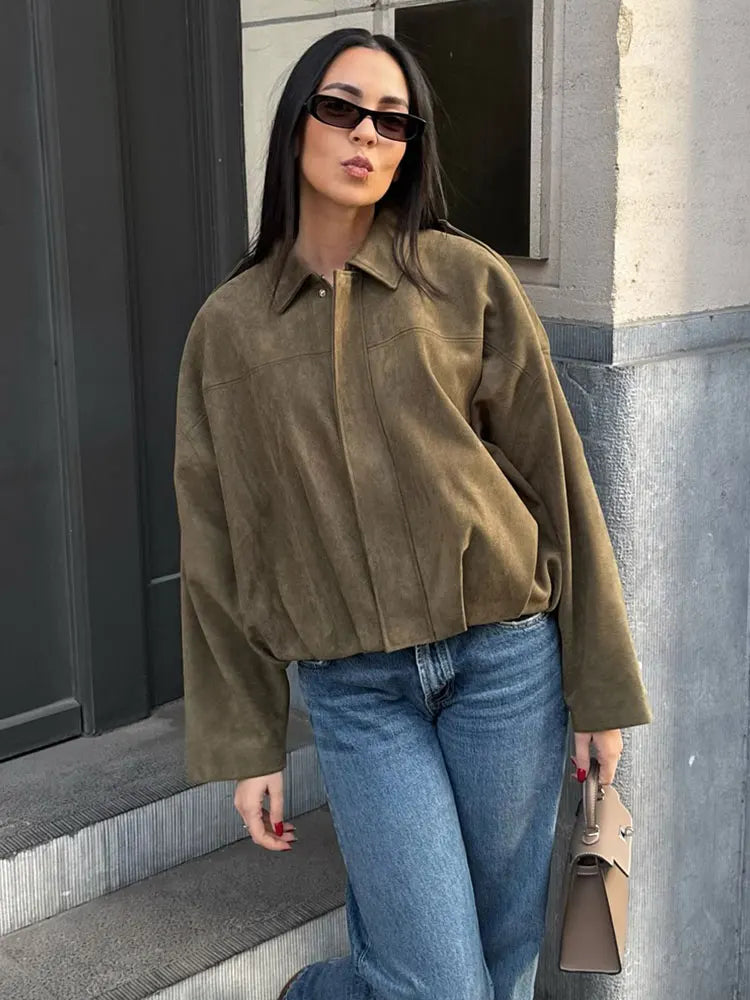 Women's Suede Bomber Jacket in Brown and Green – Casual Vintage Motorcycle Coat with Zipper Closure