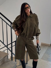 Women's Suede Bomber Jacket in Brown and Green – Casual Vintage Motorcycle Coat with Zipper Closure