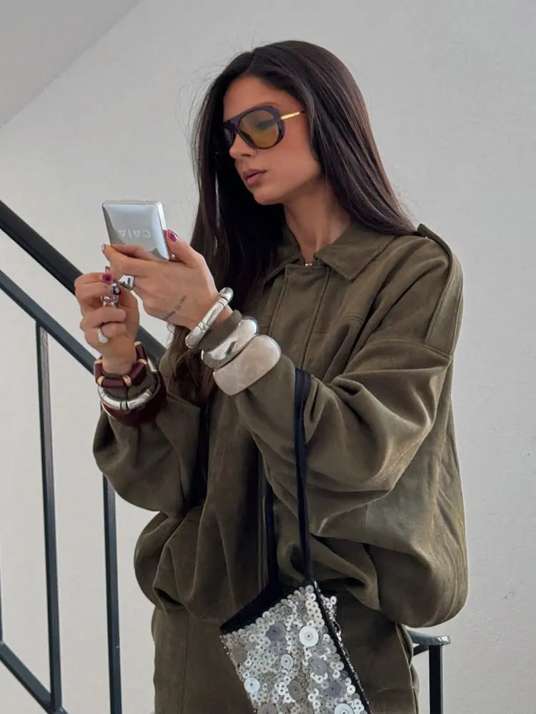 Women's Suede Bomber Jacket in Brown and Green – Casual Vintage Motorcycle Coat with Zipper Closure