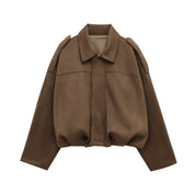 Women's Suede Bomber Jacket in Brown and Green – Casual Vintage Motorcycle Coat with Zipper Closure