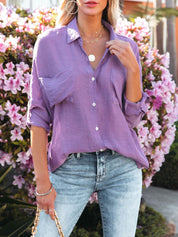 Women's Collared Big Pocket Short Sleeve Blouse