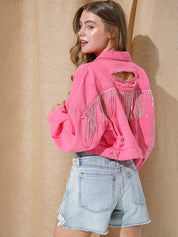 Women's Shiny Rhinestone Fringe Denim Cropped Jacket