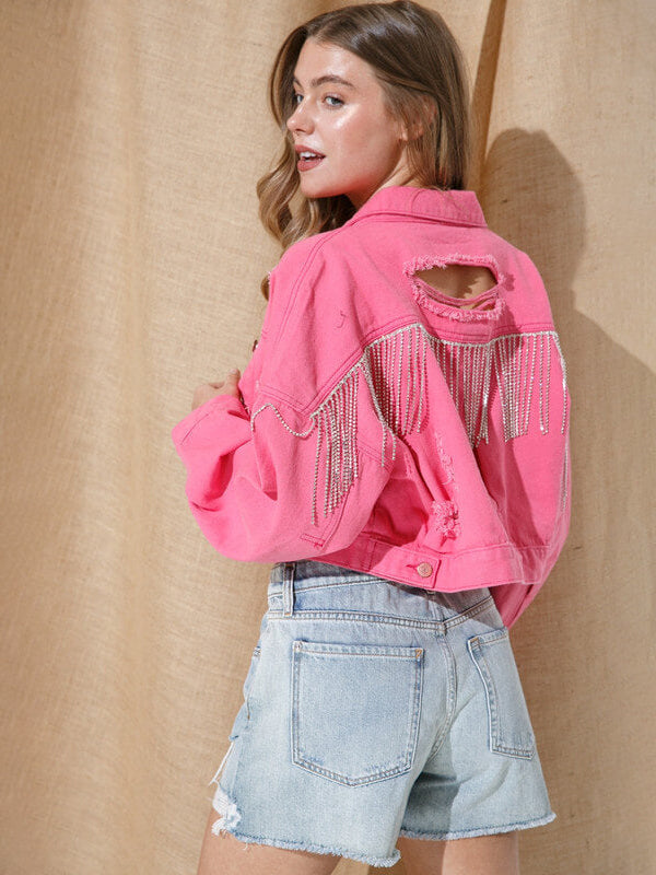 Women's Shiny Rhinestone Fringe Denim Cropped Jacket