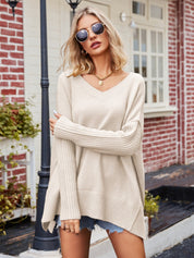 Women's Ribbed V Neck Side Split Knit Pullover Jumper
