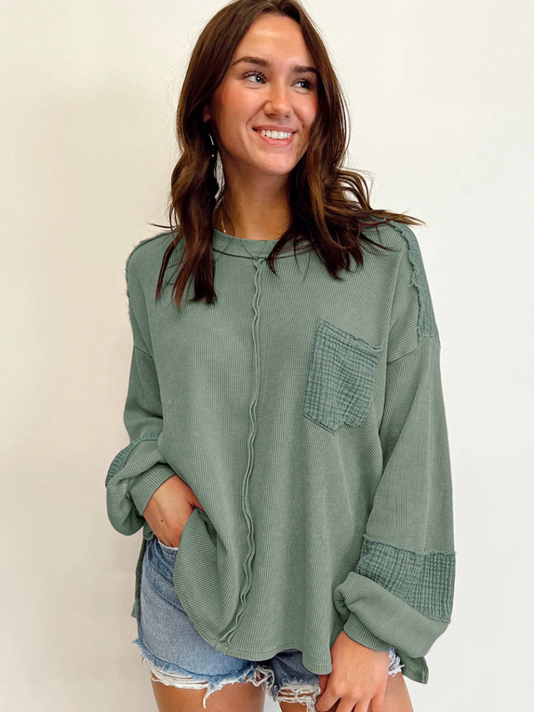 Women's Casual Waffle Patchwork Crewneck Sweatshirt