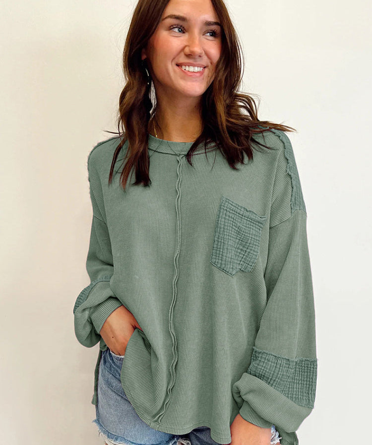 Women's Casual Waffle Patchwork Crewneck Sweatshirt