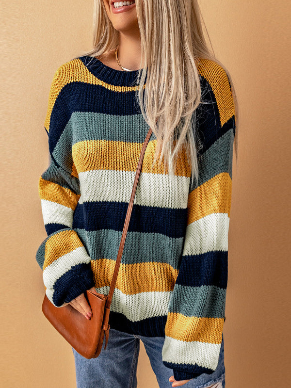 Retro Striped Dropped Shoulder Knitted Sweater
