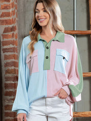 Retro Color-Block Half-Buttoned Long Sleeve Blouse