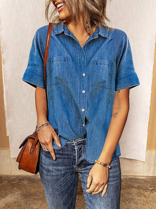 Retro Solid Button-Up Lapel Denim Shirt