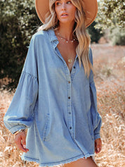 Distressed Button-Up Raw Hem Denim Shirt Dress