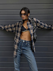 Women's Vintage Blue Plaid Button-Up Lapel Shirt