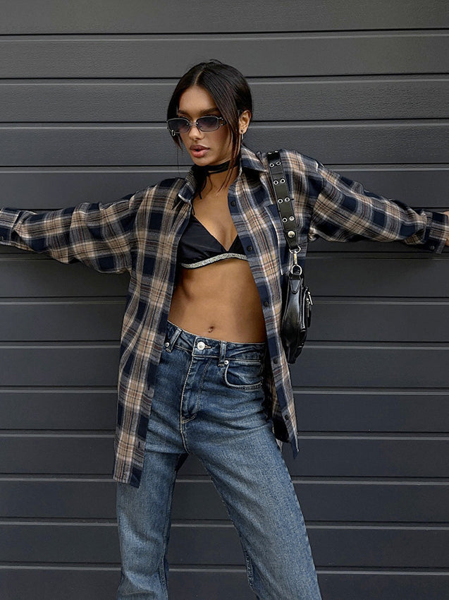 Women's Vintage Blue Plaid Button-Up Lapel Shirt