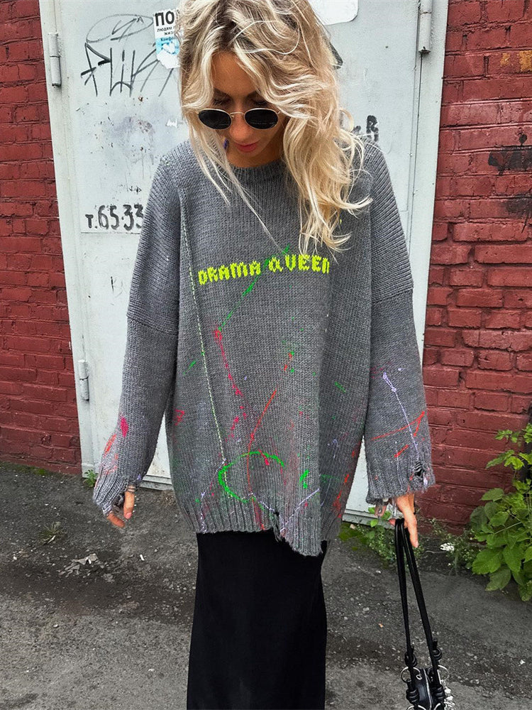 Women's Distressed Letter Embroidered Baggy Sweater