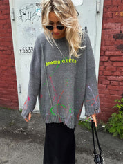 Women's Distressed Letter Embroidered Baggy Sweater