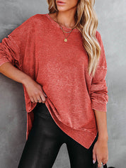 Distressed Solid Waffle Round Neck Side Split Sweatshirt