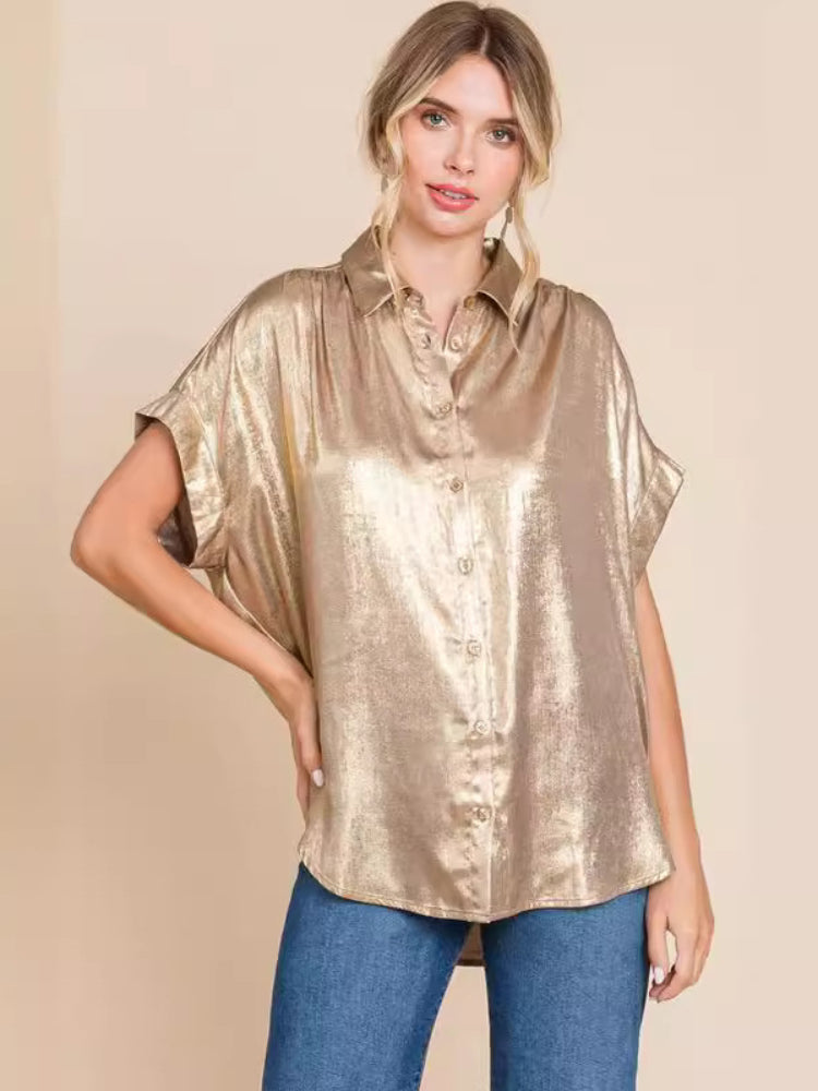 Women's Loose Sparkling Button Down Shirt