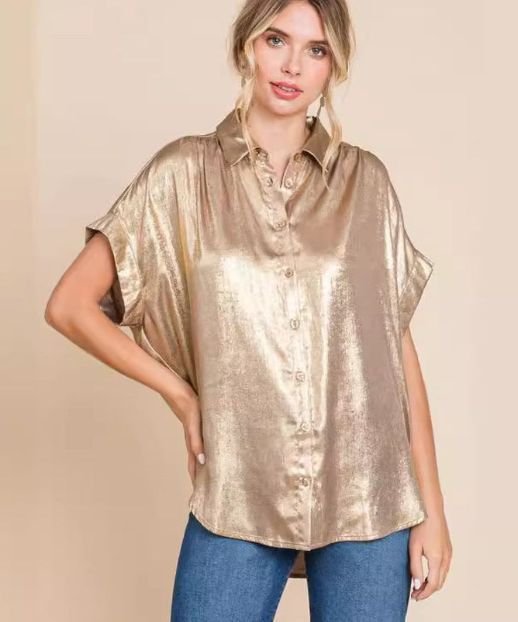 Women's Loose Sparkling Button Down Shirt