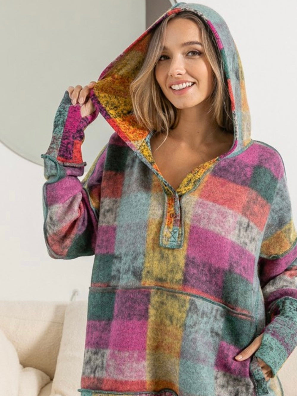 Women's Retro Beth Plaid Reverse Fleece Hoodie