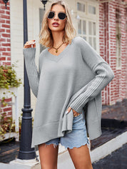 Women's Ribbed V Neck Side Split Knit Pullover Jumper