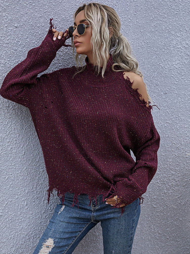 Distressed High Neck Raw Hem Long Sleeve Sweater