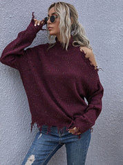Distressed High Neck Raw Hem Long Sleeve Sweater