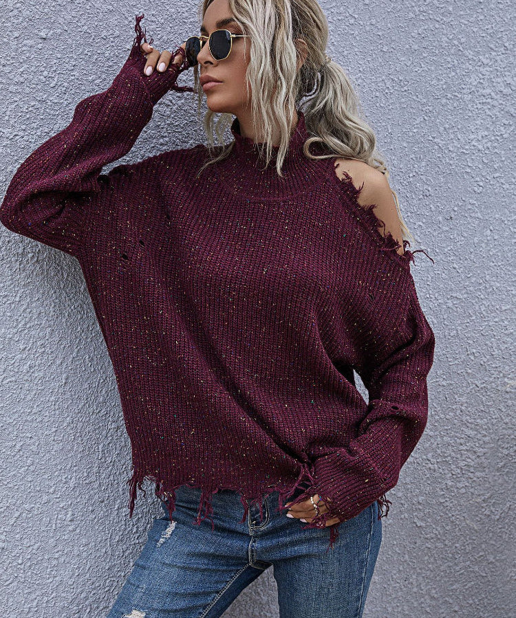 Distressed High Neck Raw Hem Long Sleeve Sweater