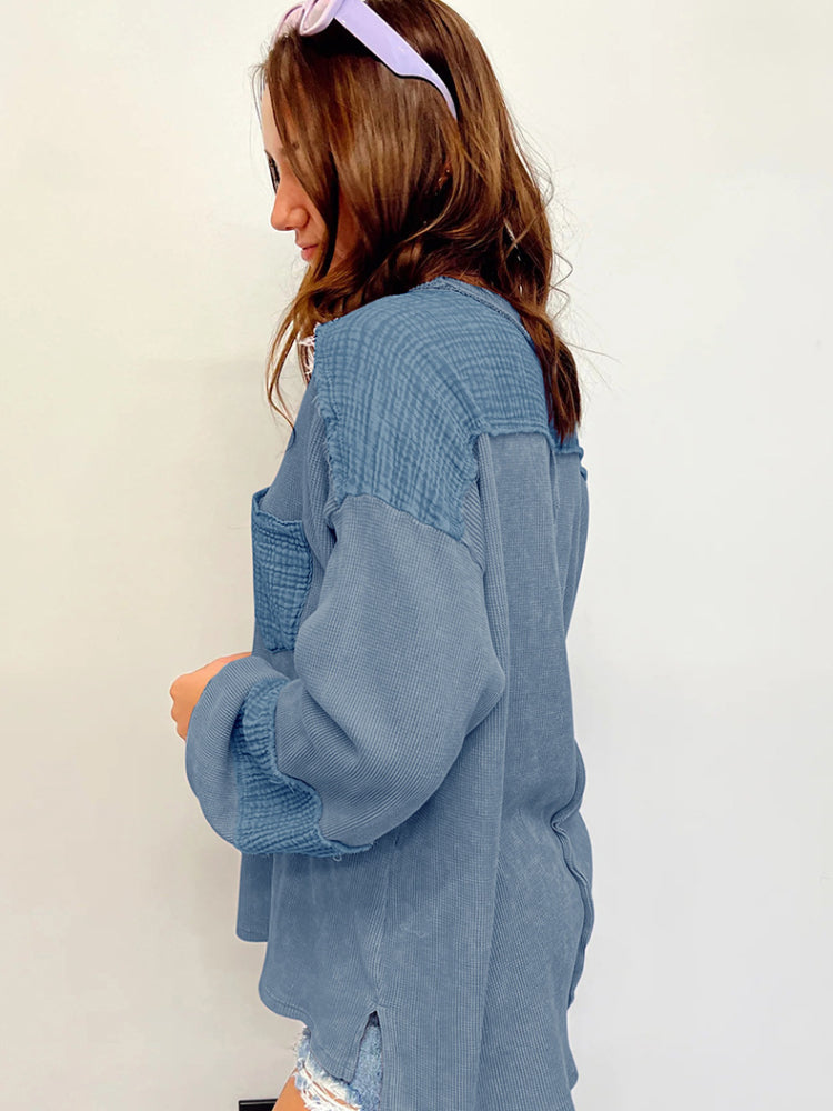 Women's Casual Waffle Patchwork Crewneck Sweatshirt
