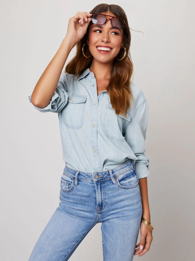 Vintage Long Sleeve Button-Up Denim Blouse