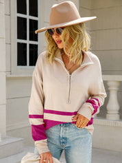 Retro Two-Tone Long Sleeve 1/2 Zip-Up Knit Pullover