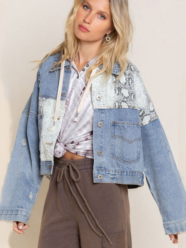 Women's Cowgirl Fashion Snakeskin Patched Denim Jacket