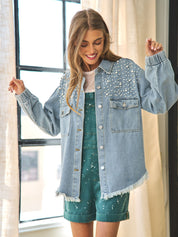 Women's Retro Pretty In Pearls Raw Hem Denim Jacket