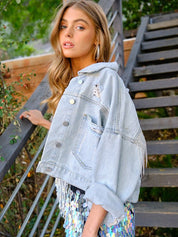 Women's Shiny Rhinestone Fringe Denim Cropped Jacket