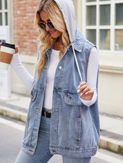 Women's Drawstring Sleeveless Hooded Denim Vest