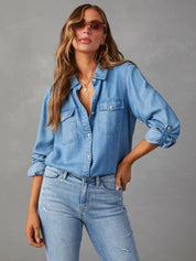 Vintage Long Sleeve Button-Up Denim Blouse