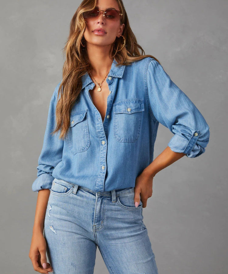 Vintage Long Sleeve Button-Up Denim Blouse