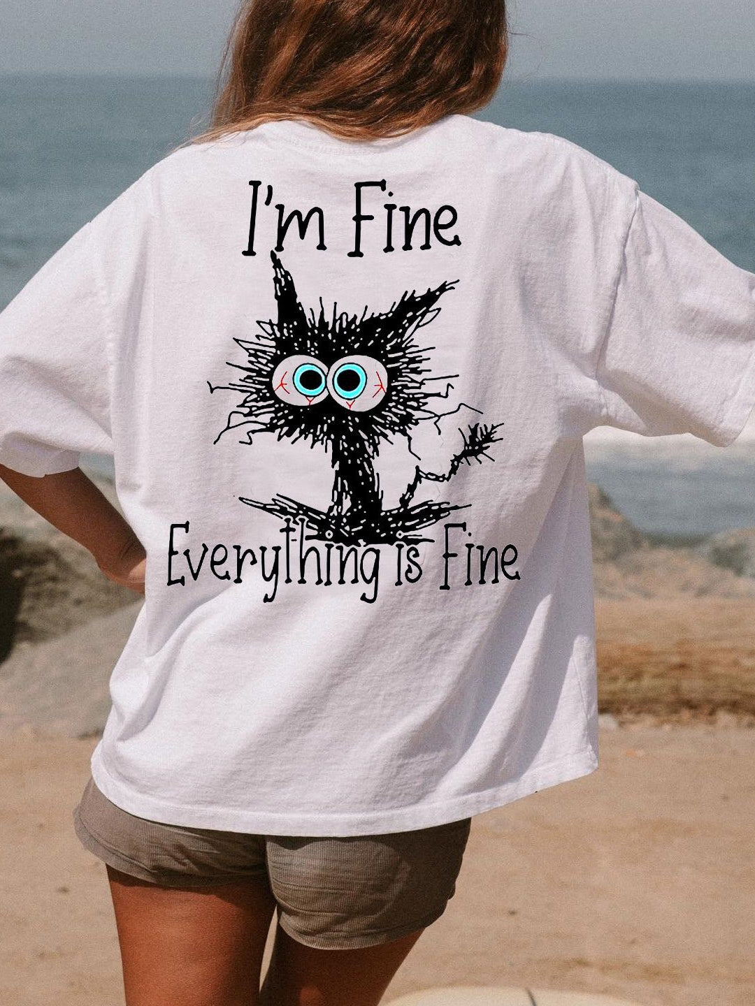 Ladies I'm Fine Everything Is Fine Cat Printed Oversized Tee
