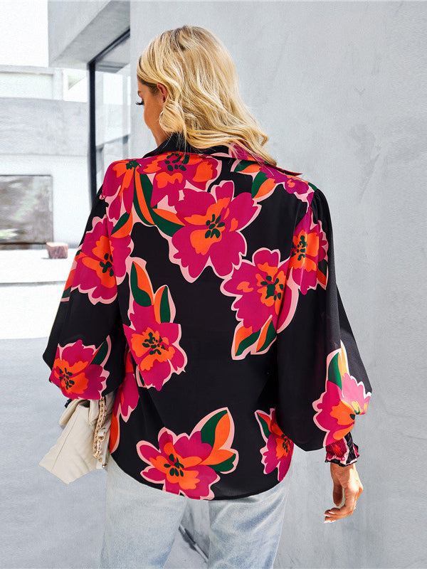 Women's Puff Sleeve Tie Dry  Button-Up Blouse